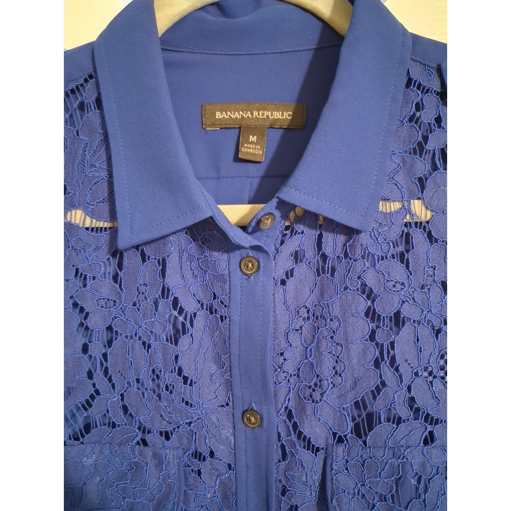 Banana Republic M Cobalt Blue Floral Lace Button Down Blouse Military Sheer - Picture 3 of 12